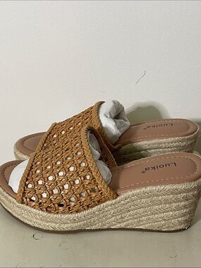 Tan Woven Espadrille Wedge Slide Size 7 Wide BRAND NEW